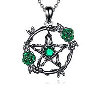 YFN Pentacle Necklace Sterling Silver Gothic Green Pentagram Pendant Rose Flower Pentacle Charm Witch jewellery for Women Wiccan Jewellery Pagan Gifts
