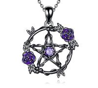 YFN Pentacle Necklace Sterling Silver Gothic Purple Pentagram Pendant Rose Flower Pentacle Charm Witch jewellery for Women Wiccan Jewellery Pagan Gifts