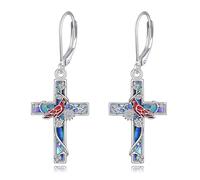 YFN Red Cardinal Cross Earrings Sterling Silver Abalone Shell Cross Dangle Drop Earrings Jewellery Gifts for Women