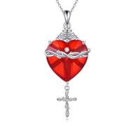YFN Silver Cross Necklace for Women Red Sacred Heart Cross Pendants Religious Jewellery Christian Baptism First Communion Day Gifts for Mother Mom Wife