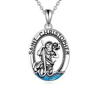 YFN St Christopher Necklace Sterling Silver Saint Christopher Pendant Amulet Medal Jewellery for Women Men Blue Saint Christopher Gifts