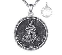 YFN St Peregrine Medal Necklace 925 Sterling Silver Saint Peregrine Pendant with 22+2 Inches Chain Patron Saint of Cancer Patients, Sick & Healing, Religious Catholic Gift for Men & Women