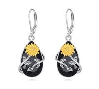 YFN Sunflower Earrings Sterling Silver Black Tourmaline Dangle Drop Leverback Earrings Jewellery Spiritual Protection Gifts for Women