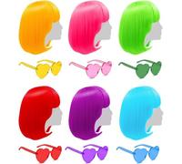 YFNVH 12 Pcs Party Wigs and Sunglasses Set, Included 6 Coloured Bob Wigs and 6 Heart Sunglasses, Colourful Cosplay Wig for Halloween, Hen Party, Bachelorette, Festival and Fancy Dress
