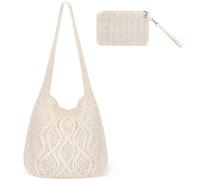 YFNVH 2 Pcs Crochet Bag for Women, Knitted Mesh Tote Bag with Straw Wristlet Wallet, Boho Shoulder Handbag for Daily Shopping, Travel & Casual Use