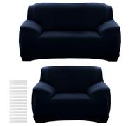 YFNVH 2-Piece Navy Blue Sofa Covers Set, 1-Seater Armchair & 2-Seater Settee Slipcovers, High Stretch Furniture Protector with Anti-Slip Foam & Elastic Bottom, Washable for Pets & Kids