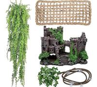 YFNVH 5 Pieces Reptile Decor Terrarium Accessory Set for Bearded Dragons - Seagrass Hammock, Plastic Castle, Climbing Lianas with Suction Cups for Lizards, Geckos, Chameleons, Spiders & Snakes