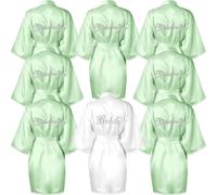 YFNVH 8 Pcs Bridesmaid Robes Set for Wedding, 1 Bride & 7 Bridesmaids Satin Kimono Dressing Gowns with Rhinestones, Sage Green & White Silk Morning Robes for Hen Party, Bridal Shower, One Size