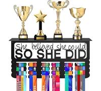 YFNVH Medal Hanger with Trophy Shelf, She Believed She Could So She Did Metal Medal Display Rack, Awards Organiser for Running, Gymnastics, Swimming, Dance, Football, Wall Mounted, 42 x 20 x 10 cm