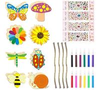 YFPOPONE 48 Pcs Wooden Craft Shapes,32 Pcs Hanging Wooden Decor 4 Pcs GemStickers 12 Pcs Watercolour Pencils,Wood Blank Unfinished Wood Cutouts with Hole for DIY,Blank Crafts for Ornament Kits