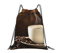 YFSGDLBN Coffee Cup and Coffee Beans printed Large-sized casual drawstring backpack Sports Gym Bag
