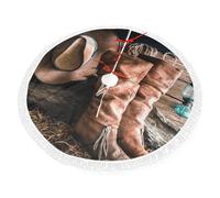 YFSGDLBN Cowgirl Boots Hat in Farm printed Christmas Tree Skirt Fringe-trimmed Christmas apron