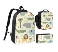 YFSGDLBN Safari Animals Printed 17in School Bag Pen Bag Lunch Bag Set