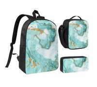 YFSGDLBN Teal and Gold Marble Printed 17in School Bag Pen Bag Lunch Bag Set