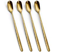 YFWOOD 9.1-Inch Modern Gold Texture Long Handle Stainless Steel Iced Tea Spoons - Set of 4
