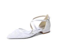 YFZBJY Women's Flat Wedding Shoes Pointed Toe Lace Mesh Pearl Floral Bridal Flats Cross Ankle Strap Low Heel Dress Shoes,White,8.5 UK