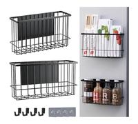 Ygapuzi 2Pack Magnetic Metal Basket for Fridge, Magnetic Organizer Shelf Rack for Side of Refrigerator with Adhesive Hooks for Kitchen Office Laundry Room Storage Accessories (Black)