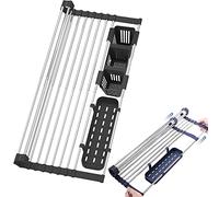 Ygapuzi Expandable Roll Up Dish Drying Rack Over the Sink for Kitchen 12.6''-23.3'', Sink Drying Rack Roll Up with Utensil Holder, Stainless Steel Roll Up Dish Drainer for Kitchen Organizer (Black)