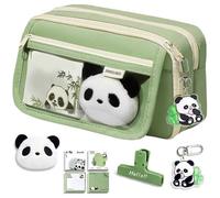 YGCHEN Pencil Case Panda Pencil Case Kawaii Stationery Bag Large Capacity Pencil Case Panda Pencil Case Stationery Organiser with Key Fob Sticky Notes Storage Clip Brooch 5 Pieces, Green, Panda