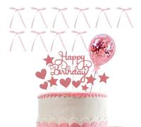 YGCQFH Rose Gold Birthday Cake Topper Decorations, Balloon Cake Topper with 10 Mini Pink Bows Cake Bow Decor, Rose Gold Cake Decorations, Glitter Happy Birthday Cake Toppers for Party