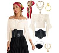YGDSX 7 Pcs Pirate Costume Women Renaissance Peasant Blouse Off Shoulder Tops With Accessories Set Head Scarf Corset Belt, Beige, X-Large
