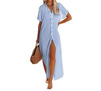 YGERGWE Beach Wear for Women UK, Button Down Shirt Dress Short Sleeve Loose Fit Long Summer Holiday Swimwear Coverups Split Hem Oversized Kaftan Beachwear Shirt Dresses Blue