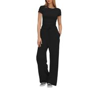 YGERGWE Co Ord Sets for Women, Basic Slim Fit Short Sleeve Top and Wide Leg Trousers, Soft Comfortable Ladies Lounge Wear Sets, Two Piece Outfit for Summer Vacation Travel