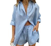 YGERGWE Co Ord Sets for Women, Oversized Button Down Shirt and Shorts with Drawstring, Lightweight Breathable Travel Outfit Airport Set, Soft Comfy Lounge Wear Sets for Summer Holiday Everyday Wear