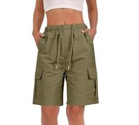 YGERGWE Ladies Shorts, Knee Length Elastic Waist Loose Fit Ladies High Waisted Multi-Pocket Bermuda Shorts for Summer Outdoors Walking Hiking Camping Holiday