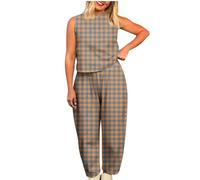 YGERGWE Summer Co Ord Sets for Women, Summer Lounge Wear Sets 2 Piece Outfits Gingham Check Print Sleeveless Top and Trousers, ladies Travel Outfit Airport Set for Vacation