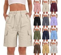 YGERGWE Womens Shorts with Pockets, Knee Length Elastic Waist Loose Fit Ladies High Waisted Multi-Pocket Bermuda Shorts for Summer Outdoors Walking Hiking Camping Holiday