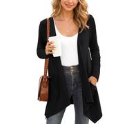 YGJIEGENG Black Women Plus Size Casual Open Front Knit Cardigans Lightweight Soft Relaxed Fit Long Sleeve Cardigan Side Pocket Solid Drape Waterfall Cardigan,L