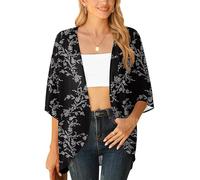 YGJIEGENG Boho Tops for Women Summer Women's Floral Print Sheer Chiffon Kimono Cardigan Open-Front Batwing Sleeve Beach Bikini Cover Up Cape,Black Leaves, M