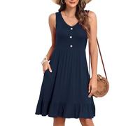 YGJIEGENG Sundress Summer Sleeveless Midi Dress - Women’s V-Neck Button Detail Knee Length Sundress, Beach Casual Dresses (Navy Blue, UK X-Large)