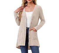 YGJIEGENG Waterfall Cardigan, Long Sleeve Cardigan for Women UK Summer Lightweight Open Front Cardigans Button Down V Neck Ribbed Knit Outerwear with Pocket,Light Apricot,M