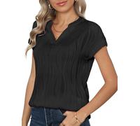 YGJIEGENG Women Business Dressy Summer Shirts Short Cap Sleeve Blouses V Neck Knit Textured Trendy Tunic Tops Solid Loose Work T-Shirts,Black,S