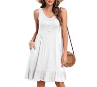 YGJIEGENG Women’s Summer Sleeveless Dress - V-Neck Button Detail Midi Sundress with Pockets, Casual Elegant Beach Dresses (White, UK Small)