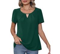 YGJIEGENG Womens Blouses Shirts, Casual Short Sleeve Summer Chiffon Blouses Elegant Pleated Round Neck Chiffon Tops Business Shirts Tops for Women UK Dark Green M