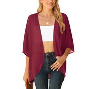 YGJIEGENG Womens Kimono Cardigans for Women UK Ladies Bikini Sheer Beach Cover Ups 3/4 Sleeve Casual Boho Beachwear Loose Shawl Tops, Wine Red, S