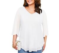 YGJIEGENG Women's Plus Size Casual Top Stylish V-Neck Mesh Double Layers Tunic Lightweight 3/4 Sleeve Blouse,White XX-Large