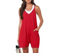 YGJIEGENG Women's Short Plus Size Dungarees Jumpsuit Casual Summer Sleeveless Overalls Adjustable Strap Loose Shortalls Jumpsuits Wide Leg Short Rompers with Pockets,Bright Red,2XL