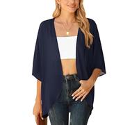 YGJIEGENG Womens Solid Kimono Cardigans Ladies Boho 3/4 Puff Sleeves Loose Chiffon Shrugs Open-Front Beachwear Capes Blouses, Navy Blue M