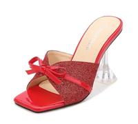 YGJKLIS Women Glitter bow Square Open Toe High Heel Slides 9cm Bohemia Summer Beach Wedding Slipper Sandals (red,2)