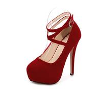 YGJKLIS Women's 14cm Suede Platform High Heels Closed Round Toe crisscross straps Buckle Stiletto Sandals Shoes (red,3)