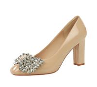 YGJKLIS Women's 8.5CM bow Sparkly Square Toe Chunky Block Pump Sandals solid-color patent leather Office Bridal Wedding Shoes (khaki,6)