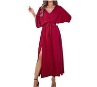 YGJKLIS Women's Casual V Neck Short Sleeve Loose Ruffle Dress with Belt Satin high Split Elegant Evening Dress Boho Beach Dress (Red,M)