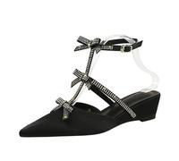 YGJKLIS Women's Pointed Toe Satin 4CM Wedge High Heel with Three Sparkling Bow Decorations Evening Party Prom Shoes Pumps (Black,3)