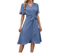 YGJKLIS Women's Satin V Neck Dresses Irregular Hem Tiered Tie Waist Long Dress Business Formal Work Party Dress (Blue,XL)