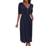 YGJKLIS Women's Summer V Neck Puff Sleeve Dress Solid Color Elastic Waist A-Line Pleated Hem Beach Long Dresses (Blue,M)