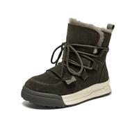 YGLEEULI Winter Snow Boots Women Genuine Cow Leather Artificial Wool Solid Color Lace-up Warm Ladies Shoes for outdoor(Green Brown,7)